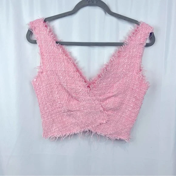 Zara TWEED TEXTURED CROP TOP V-neck w/Frayed Trim - Picture 3 of 11